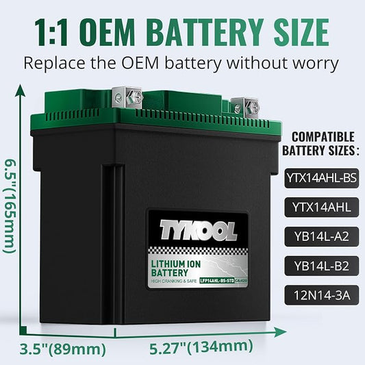 TYKOOL YTX14AHL-BS-STD LiFePO4 Lithium Motorcycle Battery, 12.8V 7Ah, Digital - Image 2