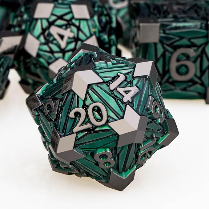 7PCS Metal DND Dice Set with Box, Debris RPG Green D and D Dice by ORIFANTOU