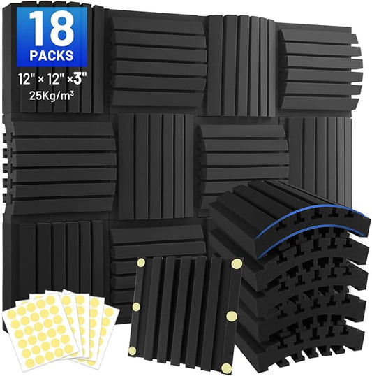 Focusound 18 Pack Curved Acoustic Foam Panels 3" x 12" x 12" Sound Proof Foam by Focusound