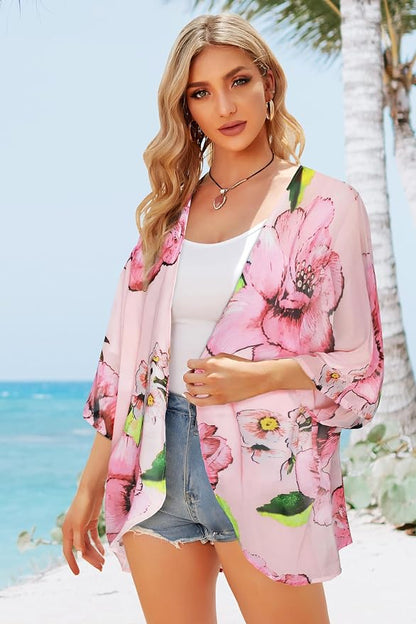 Women's Floral Print Puff Sleeve Kimono Cardigan Loose Cover Up Casual Blouse - Image 3
