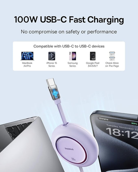Baseus USB C to USB C Cable, 100W 6.6ft Retractable USB C Fast Charging Cable - Image 2