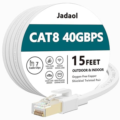 Jadaol Cat 8 Ethernet Cable 15 ft, 40Gbps 2000MHz Flat RJ45 S/FTP LAN Patch by Jadaol
