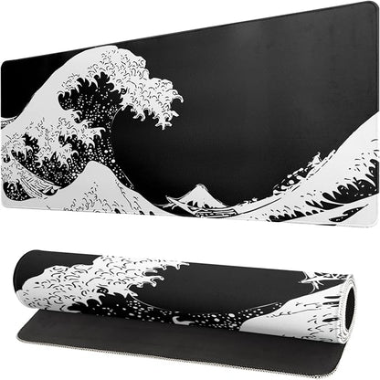 Japanese Sea Wave Large Mouse Pad, Abstract Black Gaming Mousepad, Extended by Siski