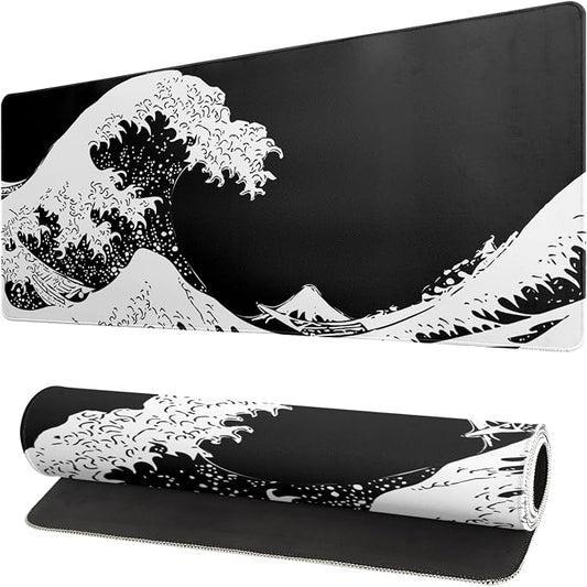Japanese Sea Wave Large Mouse Pad, Abstract Black Gaming Mousepad, Extended by Siski