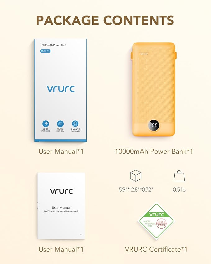 VRURC Portable Charger Built-in Cables and AC Wall Plug, USB C Power Bank - Image 8