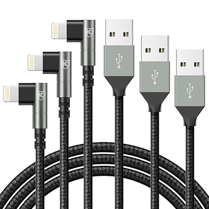 90 Degree iPhone Charger 6FT, 6Feet Right Angle Nylon Braided USB Lightning by KIYODA