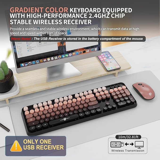 Wireless Keyboard and Mouse Combo, 104 Round Keys Cute Colorful Keyboard and - Image 2
