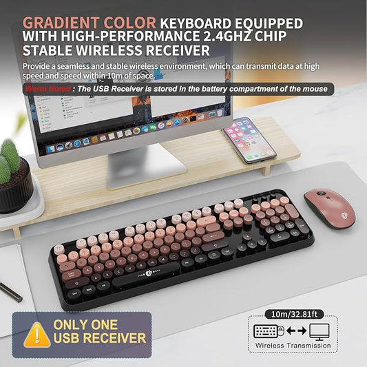 Wireless Keyboard and Mouse Combo, 104 Round Keys Cute Colorful Keyboard and - Image 2