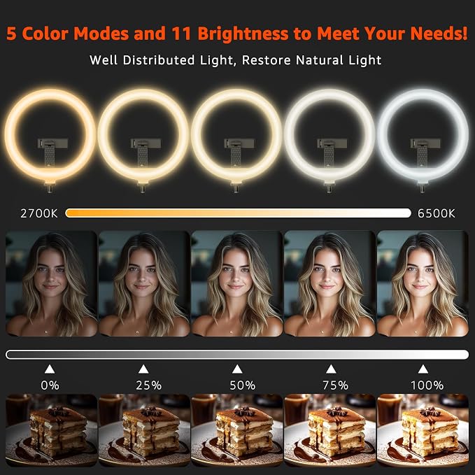 10" LED Ring Light with Overhead Phone Stand, CRI≥95 1200lm Dimmable Lighting - Image 2