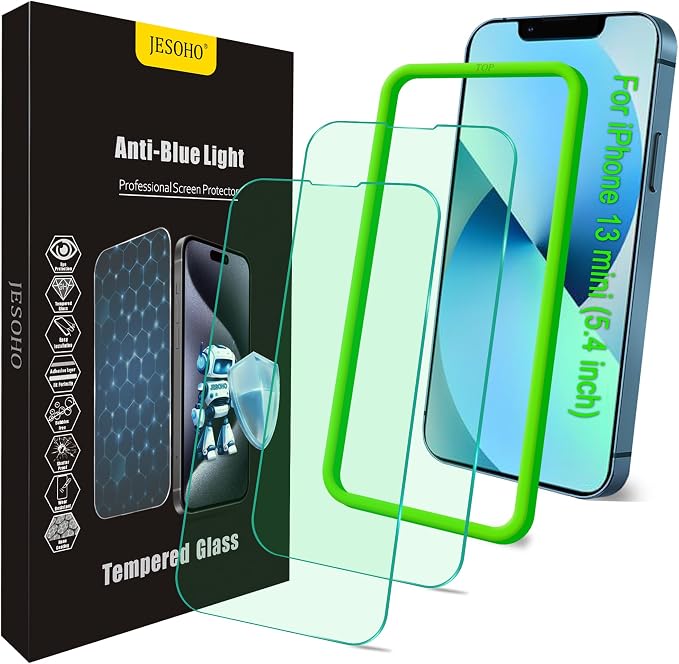 Blue Light Screen Protector for iPhone 13 mini, Eye Protection, Tempered Glass by JESOHO