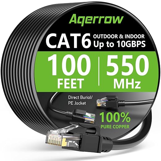 Aqerrow Cat6 Ethernet Cable 100FT, Outdoor Direct Burial Cat 6 Cable 24AWG High by EthernetCable