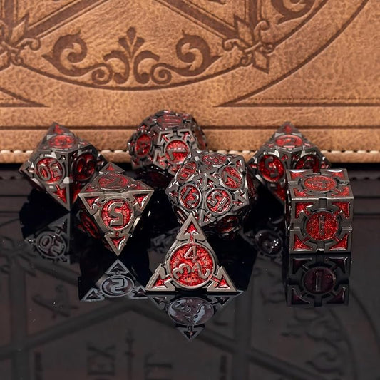 Red Black Nickel Finish Heavy Metal DND Dice Set - Image 2