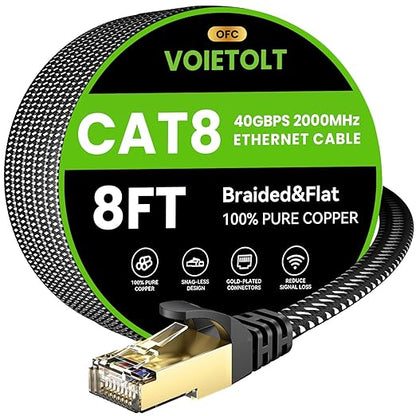 Cat 8 Ethernet Cable 8 FT Flat, High Speed 40Gbps 2000Mhz Braided Internet Cable by EthernetCable