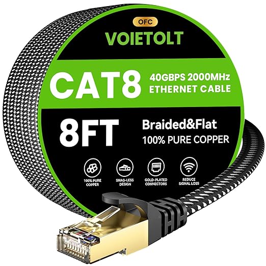 Cat 8 Ethernet Cable 8 FT Flat, High Speed 40Gbps 2000Mhz Braided Internet Cable by EthernetCable