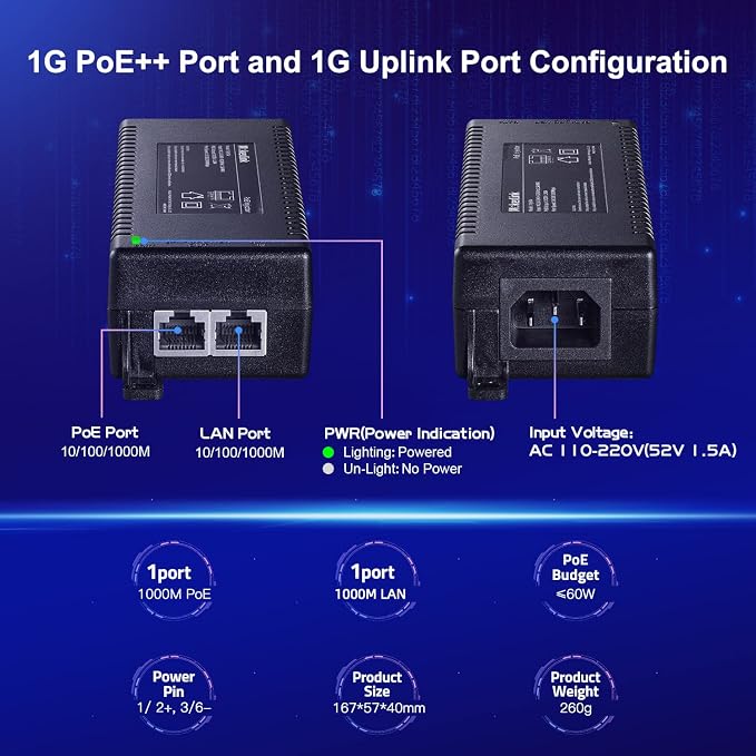 MokerLink Gigabit PoE Injector, 802.3af/at/bt 60W, 10/100/1000Mbps Ethernet - Image 3