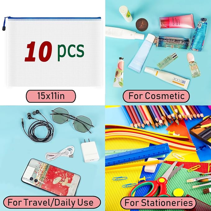 AUSTARK 10 Pcs Zipper File Bags, Waterproof Plastic Mesh Pouch - Image 7
