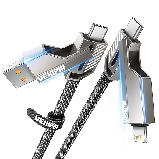 4-in-1 USB C Cable 45W 5FT Lightning Cable Fast Charging Flat Nylon Braided by Vexipia