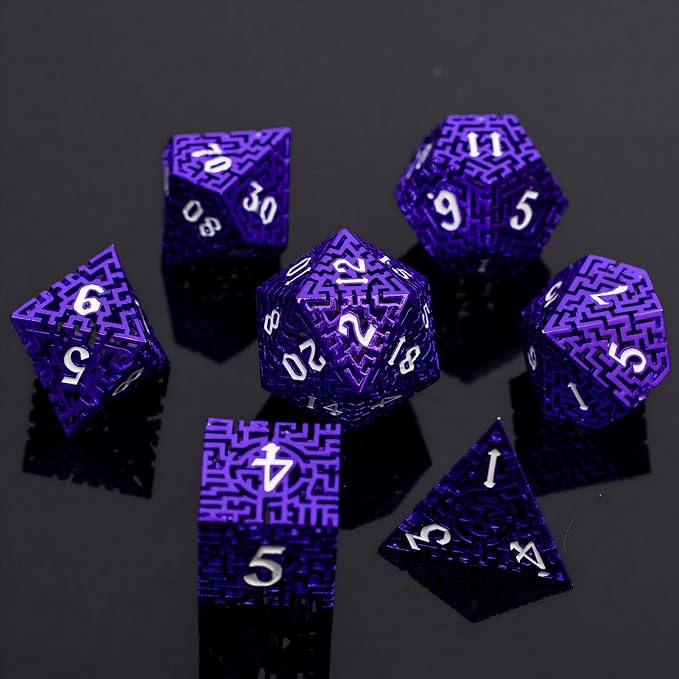 Purple Metal Hollow DND Dice Set Metallic Luster Maze Design - Image 7