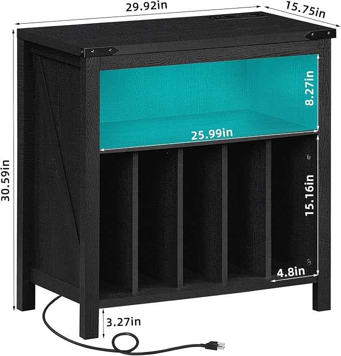 Large Record Player Stand with Charging Station & LED Lights, Vinyl Records - Image 3
