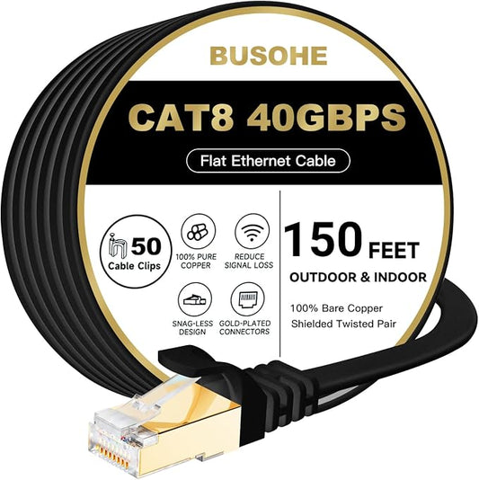 BUSOHE Cat 8 Ethernet Cable 150 FT, 40Gbps 2000MHz Cat8 High Speed Flat by BUSOHE