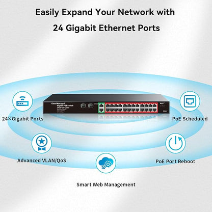 STEAMEMO 24-Port Managed Gigabit PoE+ Switch | 24×PoE+ Ports@360W, 2×Gigabit - Image 8