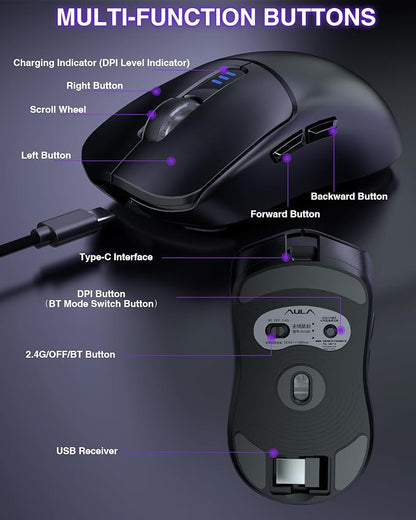AULA SC580 Wireless Gaming Mouse, Tri-Mode 2.4G/BT5.0/USB-C Gaming Mouse - Image 5