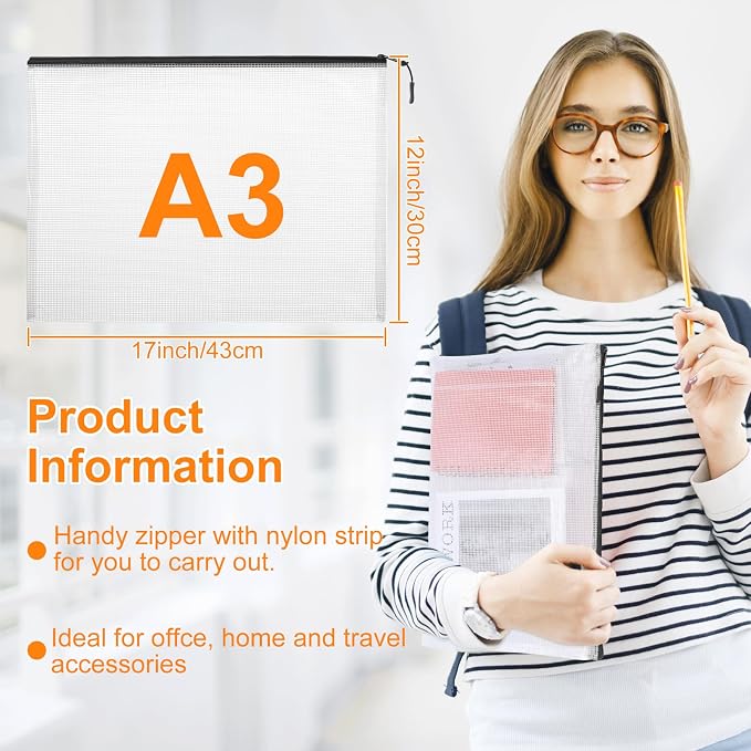 20pcs Plastic Mesh Zipper Pouch Bags, A3 17x12 Inches Extra Large Zipper Bags - Image 2