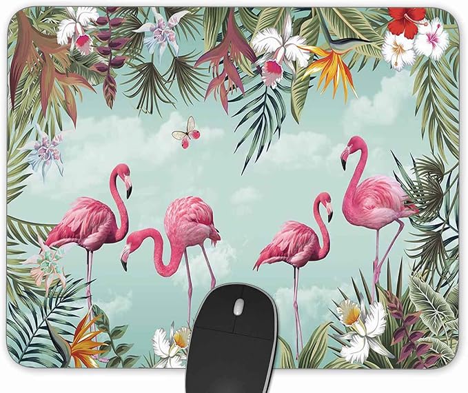 Tropical Leaves and Flamingo Gaming Mouse Pad， Rectangle Mouse Pad Size by Qien+BaiSei