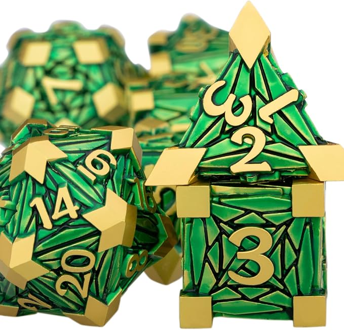 Metal DND Dice Set with Box, Debris RPG Green Golden D and D Dice - Image 2