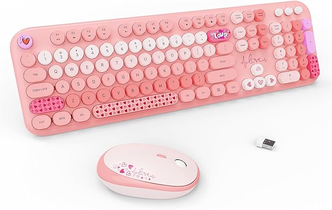Wireless Keyboard and Mouse Combo, 104 Round Keys Full-Size Cute Colorful Pink by TT-FOPETT