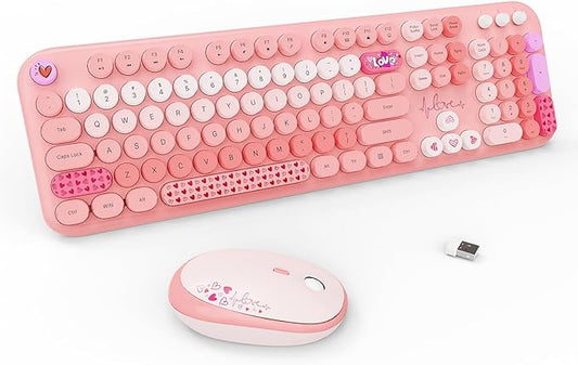 Wireless Keyboard and Mouse Combo, 104 Round Keys Full-Size Cute Colorful Pink by TT-FOPETT
