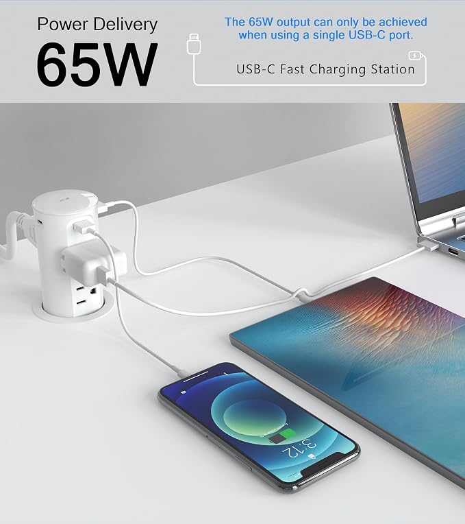 Pop up Outlet for Countertop, 65W USB C Fast Charging Port, 2.5-inch Hole - Image 3
