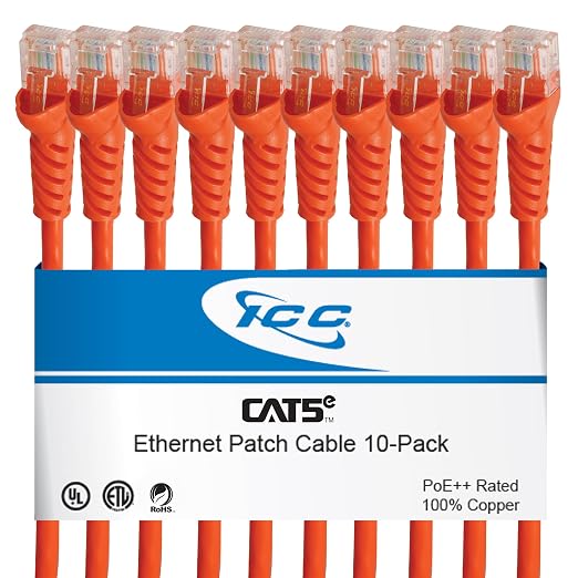ICC CAT5e Ethernet Patch Cord 1 FT 10-Pack, UTP 24 AWG UL Listed, 100% Stranded by ICC