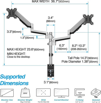 AVLT Dual 13"-27" Stacked Monitor Arm Desk Mount - Image 2