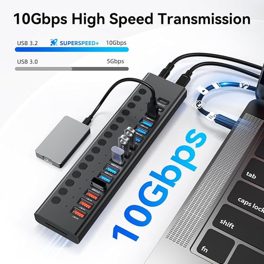 Powered USB Hub 10Gbps, 17 Ports 96W USB 3.2 Hub, 12V/8A Power Adapter - Image 2