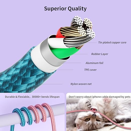 iPhone Charger, Charging Cable 4 Pack MFi Certified Nylon Braided USB to iPhone - Image 3