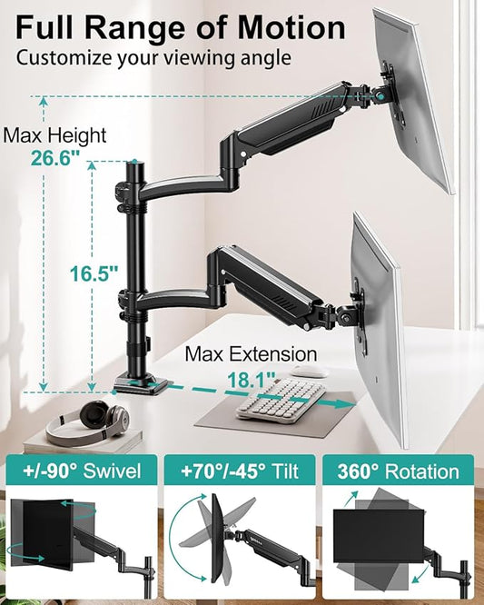 Dual Monitor Stand for Desk, Taller Monitor Arms for 2 Screens up to 32 inch - Image 2