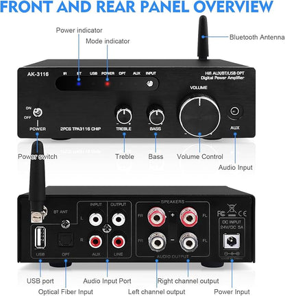 Amplifier Home Audio, Stereo Receiver Bluetooth 5.0 Power amp 100W x2 Wireless - Image 7