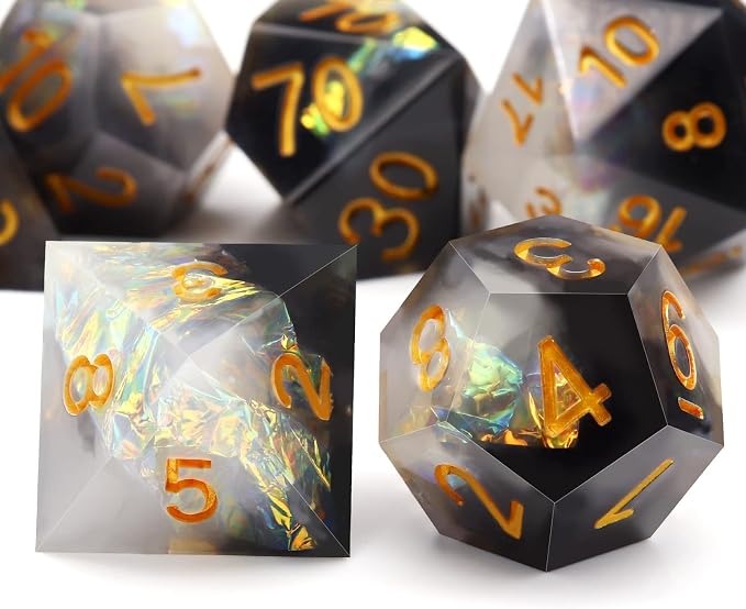 Haxtec Sharp Edge Dice Set DND Dice Black and White Resin Dice Iridecent Mylar - Image 3