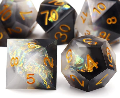 Haxtec Sharp Edge Dice Set DND Dice Black and White Resin Dice Iridecent Mylar - Image 3