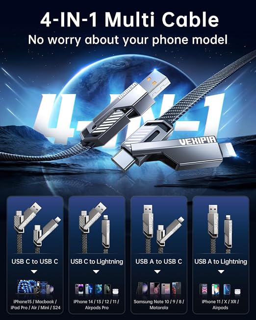 Vexipia 4-in-1 Long USB C Cable 60W 10FT Lightning Cable Fast Charging Flat - Image 2