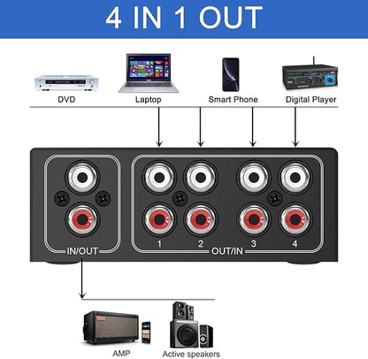 4-Way Stereo L/R Sound Channel Bi-Directional Audio Switcher, 1 in 4 Out or 4 - Image 3