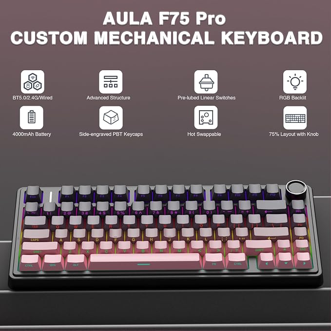 AULA F75 Pro Wireless Mechanical Keyboard, 75% Hot Swappable Custom Keyboard - Image 2