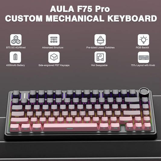AULA F75 Pro Wireless Mechanical Keyboard, 75% Hot Swappable Custom Keyboard - Image 2