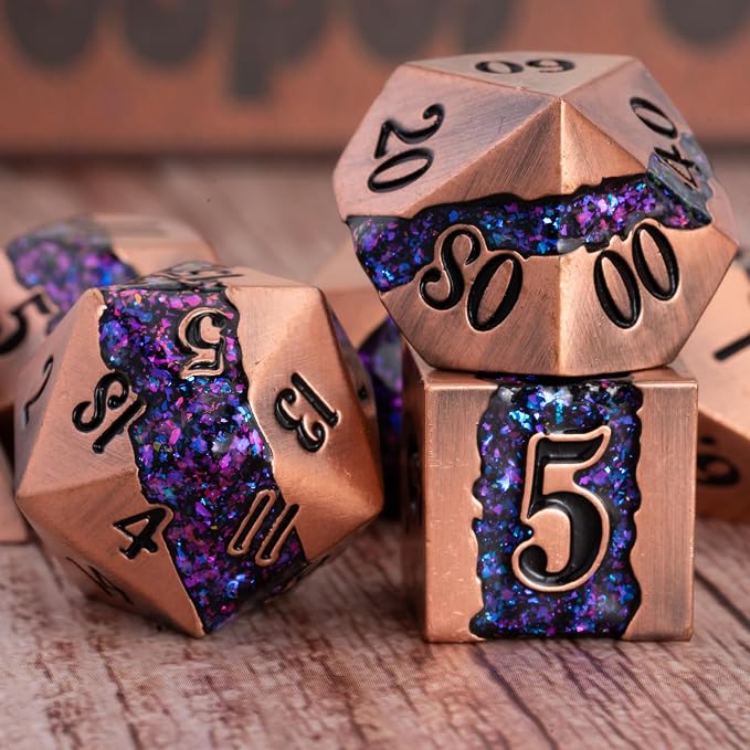 Polyhedral Metal Dice DND, RPG Purple Glitter Stripe Dice Set, Antique Copper - Image 5