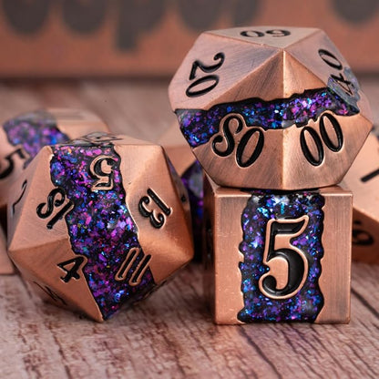 Polyhedral Metal Dice DND, RPG Purple Glitter Stripe Dice Set, Antique Copper - Image 5