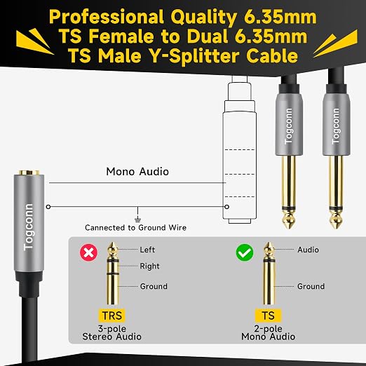 1/4 inch TS Mono Splitter Y Adapter, 6.35mm Mono Female to Dual 6.35 mm TS Mono - Image 3