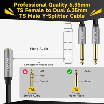 1/4 inch TS Mono Splitter Y Adapter, 6.35mm Mono Female to Dual 6.35 mm TS Mono - Image 3