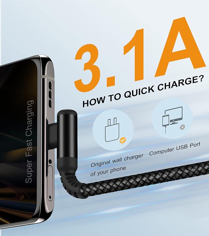 sweguard USB C Cable Right Angle, USB Type C iPhone 16 Charger Cable Nylon - Image 3