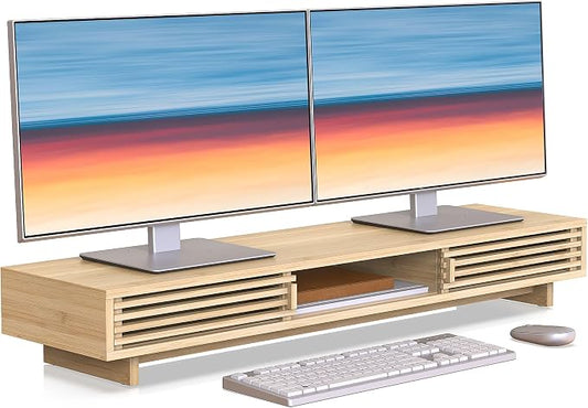 Dual Monitor Stand Riser with Sliding Door, Double Computer Laptop Stand Desk by WELLWENG